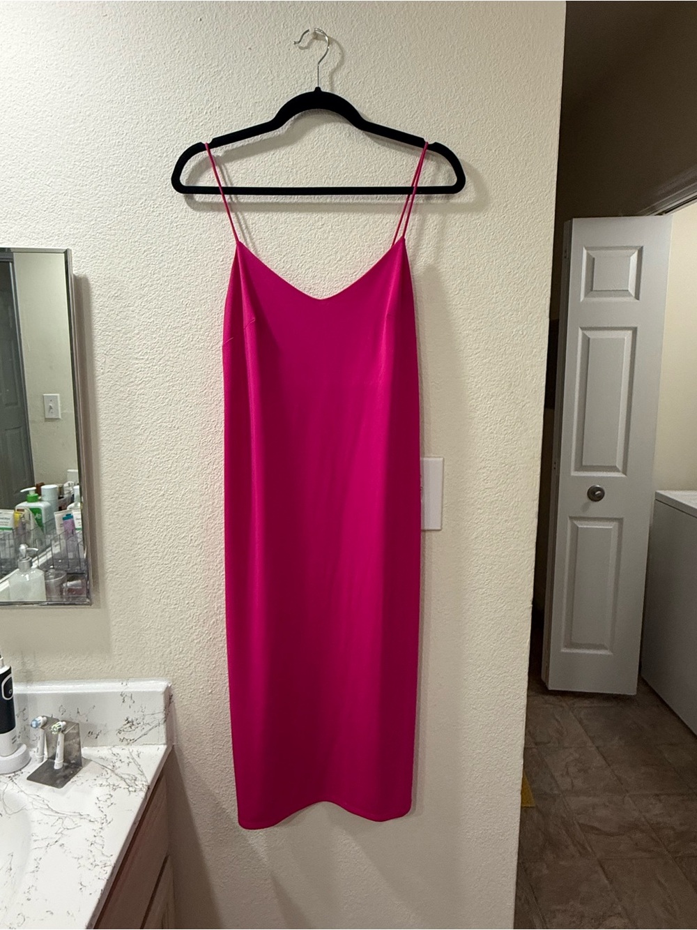 Express Hot Pink Midi Slip Dress with Spaghetti Straps